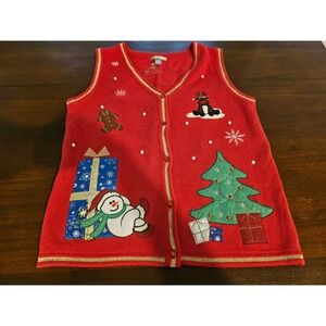 White Stag Christmas Sweater Vest V-Neck Buttons Red W/Appliques Beading Medium